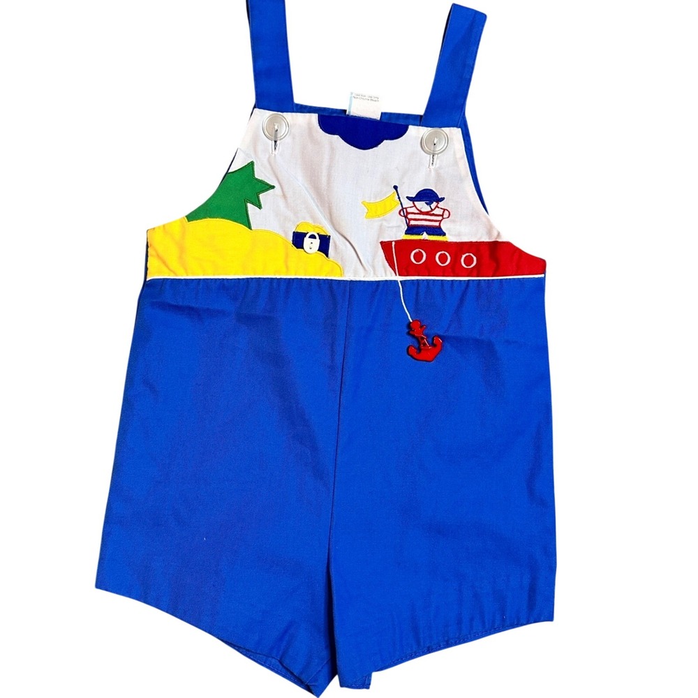 Vintage 80s 90s Healthtex Shortall Pirate Nautical Appliqué Romper Toddler 3T